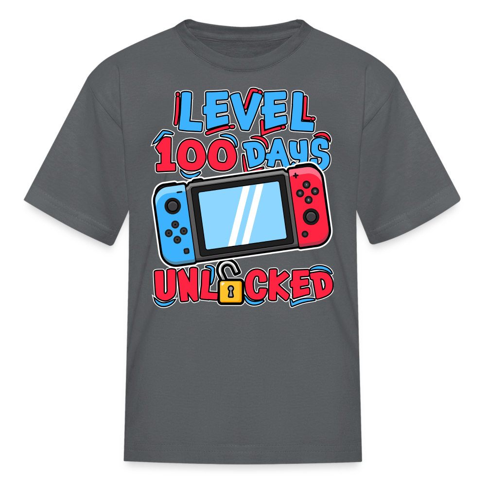 100 Days Unlocked Video Game Tee Gaming Milestone Kids T-shirt - charcoal