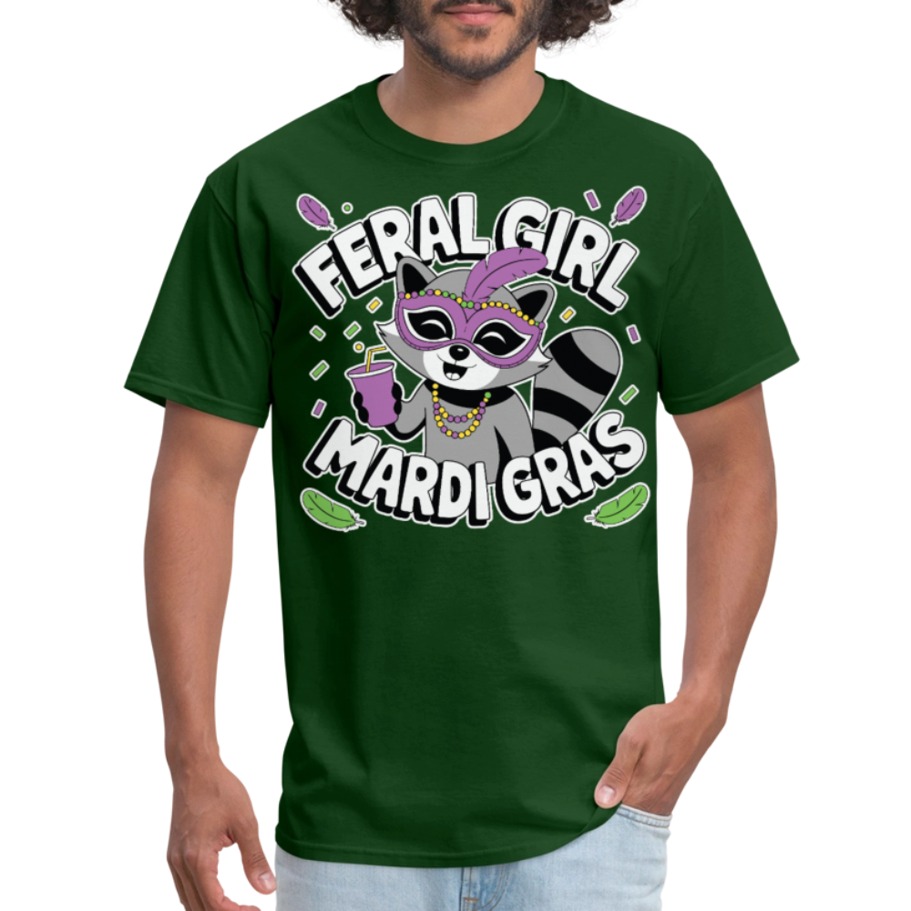 Feral Girl Mardi Gras Party Tee Raccoon Meme T-shirt - forest green