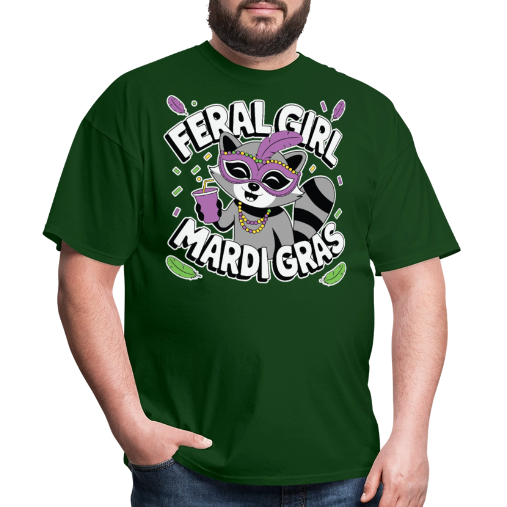 Feral Girl Mardi Gras Party Tee Raccoon Meme T-shirt - forest green