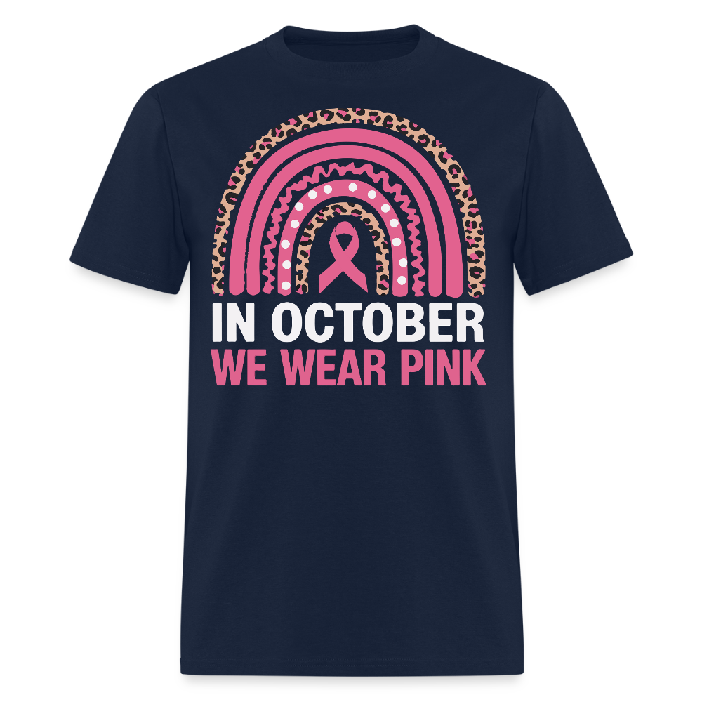 In October We Wear Pink Leopard Print Breast Cancer T-Shirt - navy