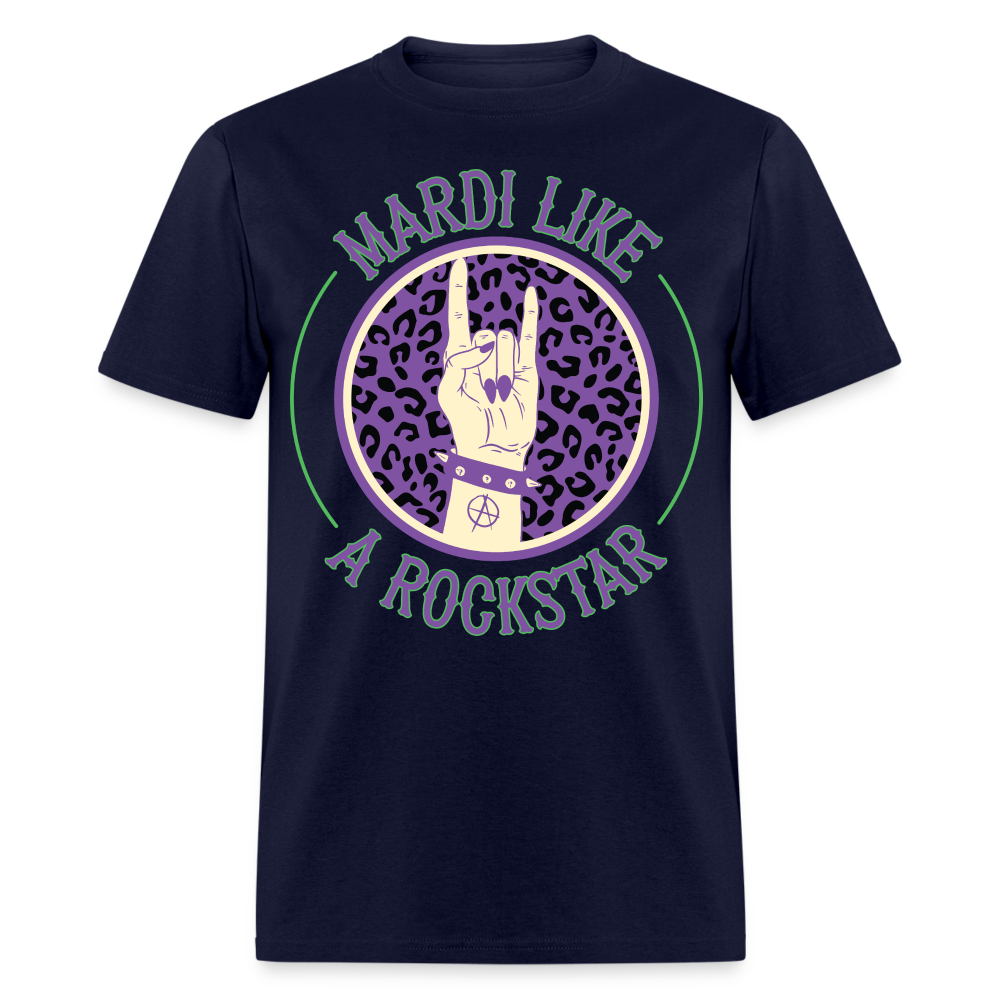 Leopard Print Rock Hand Gesture Tee Mardi Gras Rockstar T-shirt - navy