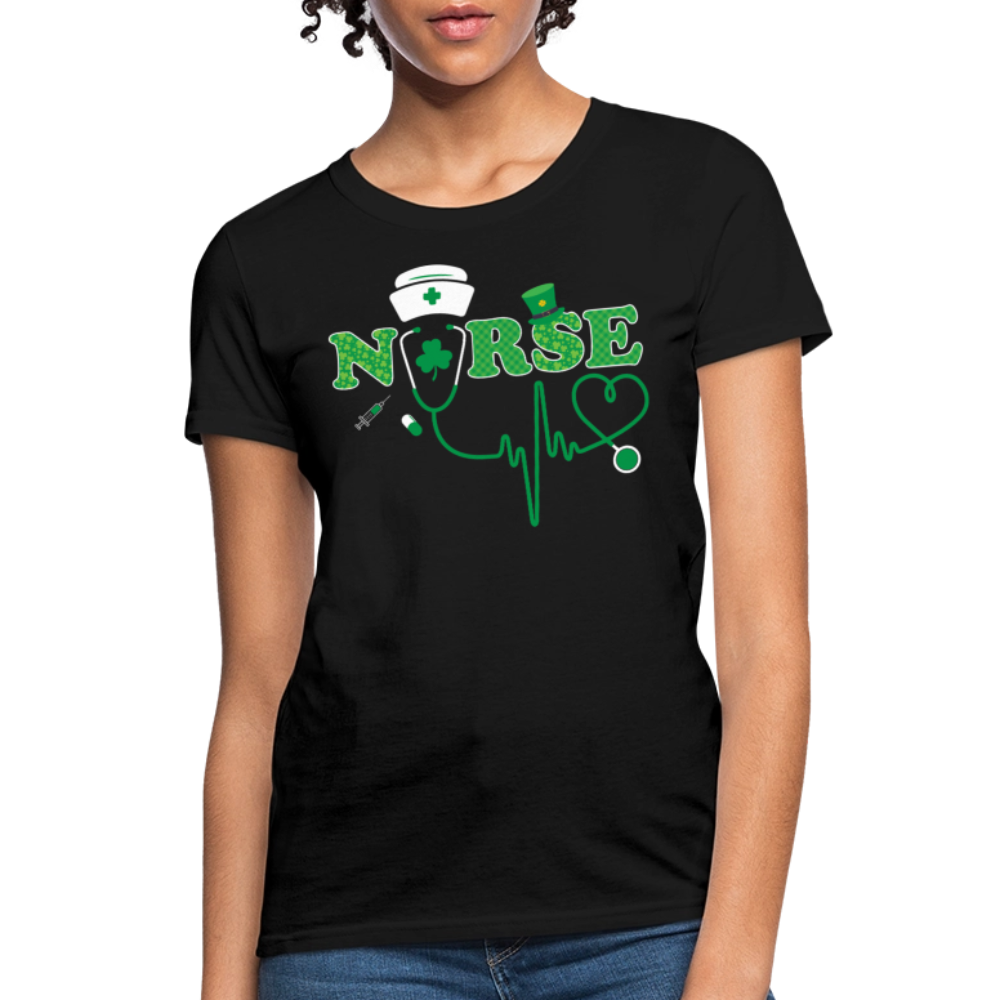 Nurse Stethoscope Heartbeat St Patricks Day T-Shirt - black