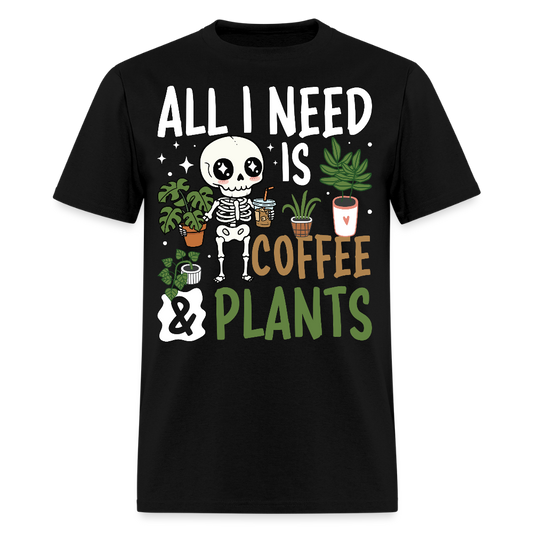 All I Need Is Coffee & Plants Funny Skeleton Gardening T-Shirt - black