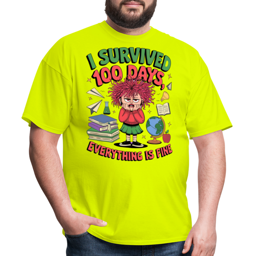 I Survived 100 Days Everything is Fine Tee Funny School Anniversary T-Shirt - safety green