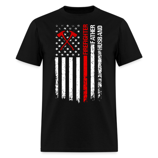Firefighter Father Husband Thin Red Line US Flag T-Shirt - black