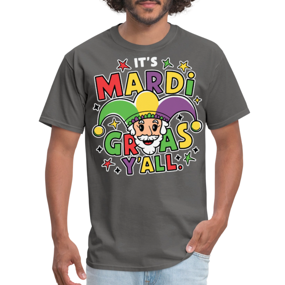 Funny Mardi Gras Party Shirt With Jester Festive Mardi Gras Y’all T-shirt - charcoal