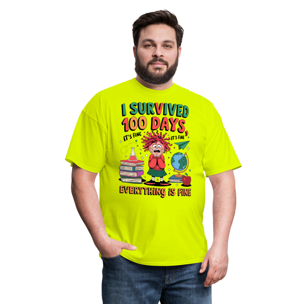 I Survived 100 Days of School Shirt - Funny Teacher and Student Celebration Unisex T-Shirt - safety green