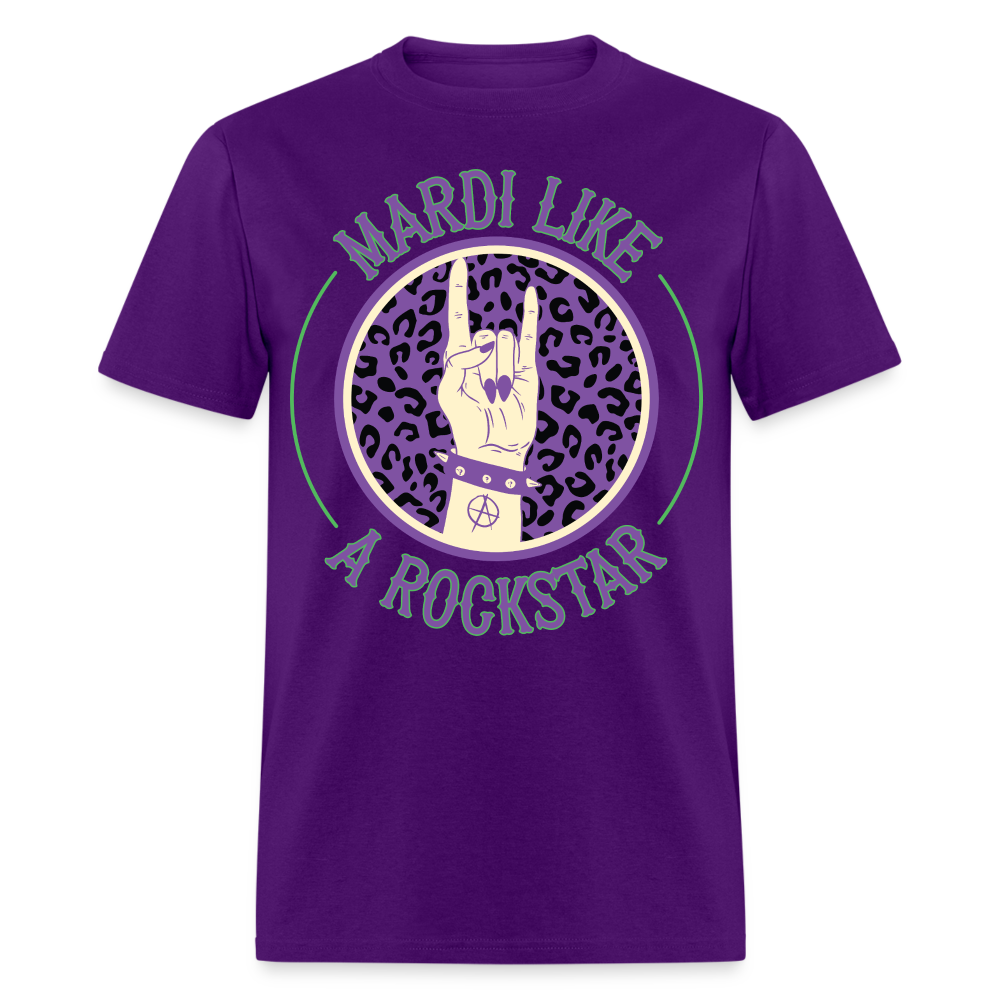 Leopard Print Rock Hand Gesture Tee Mardi Gras Rockstar T-shirt - purple