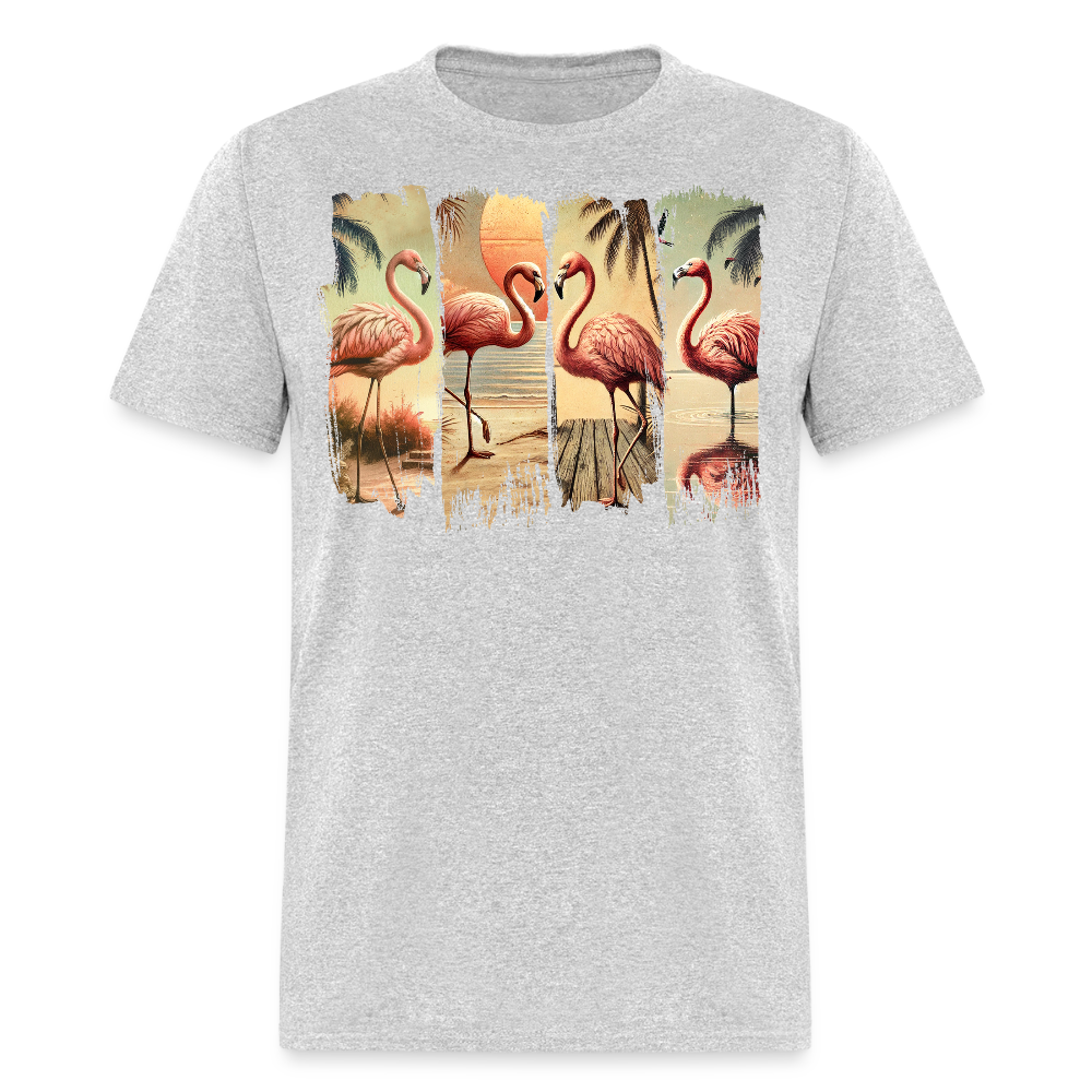 Vintage Tropical Flamingo Sunset Beach T-shirt - heather gray