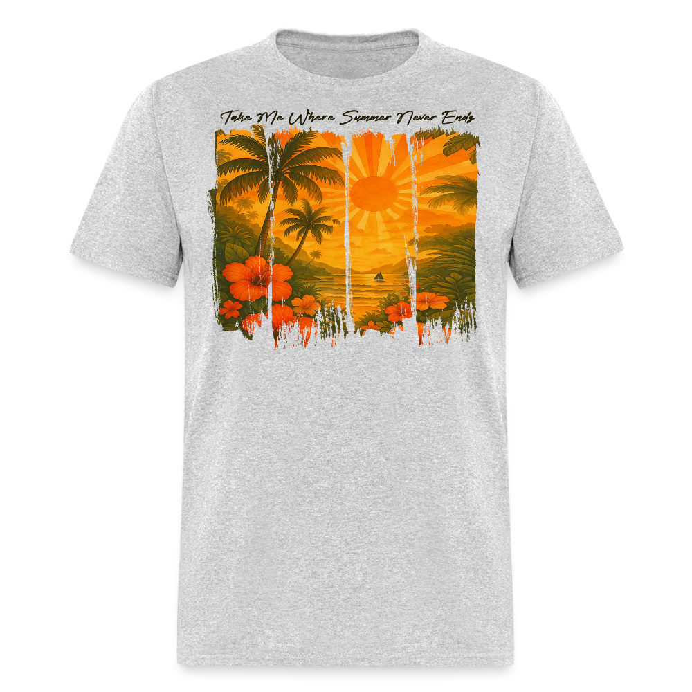 Take Me Where Summer Never Ends Tropical Sunset T-shirt - heather gray