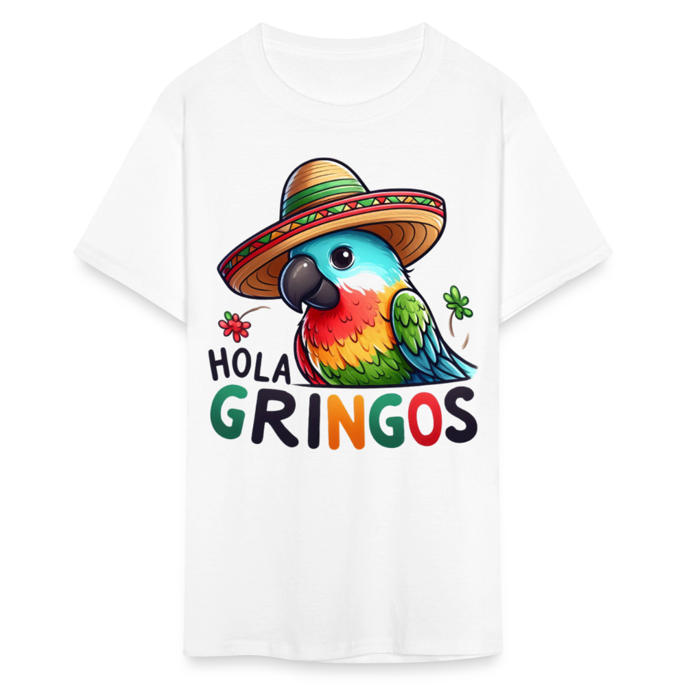 Hola Gringos Funny Bird Tee For Party Lovers Mexican Parrot T-shirt - white