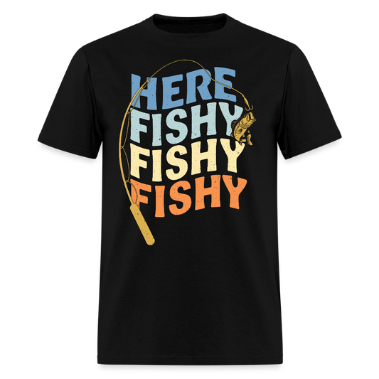 Retro Here Fishy Fishy Funny Fishing T-Shirt - black