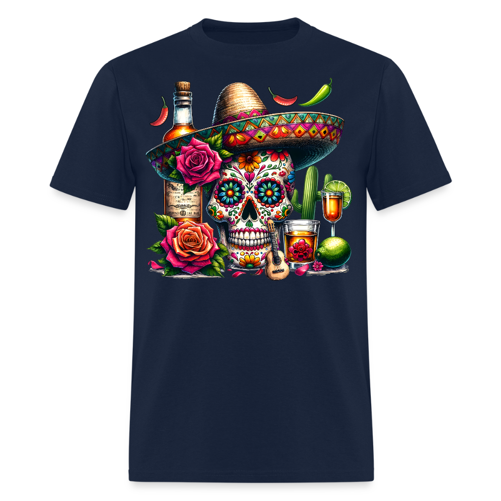 Colorful Mexican Skull Shirt Day Of The Dead Sugar Skull T-shirt - navy