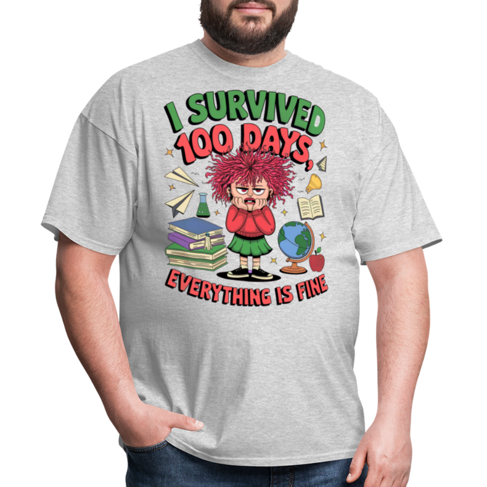 I Survived 100 Days Everything is Fine Tee Funny School Anniversary T-Shirt - heather gray