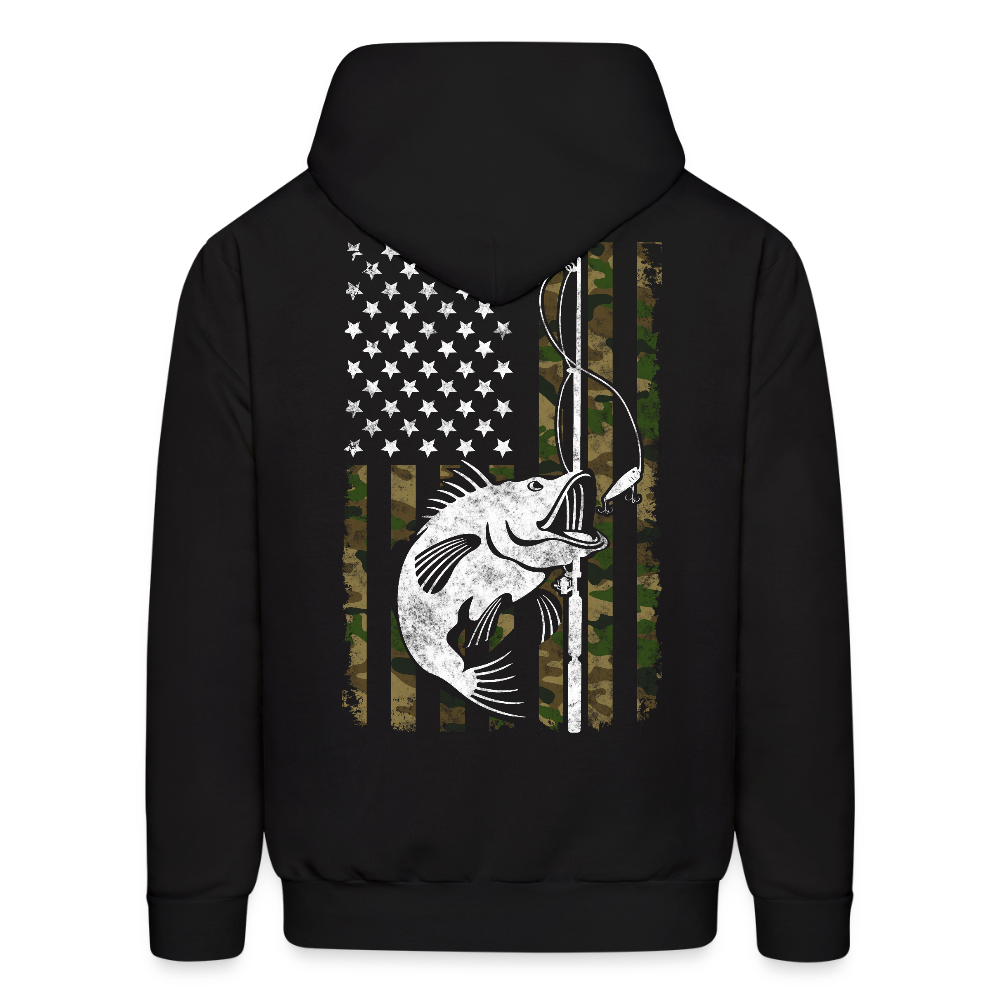 Camo Amercican Flag Patriotic Bass Fishing Hoodie - black