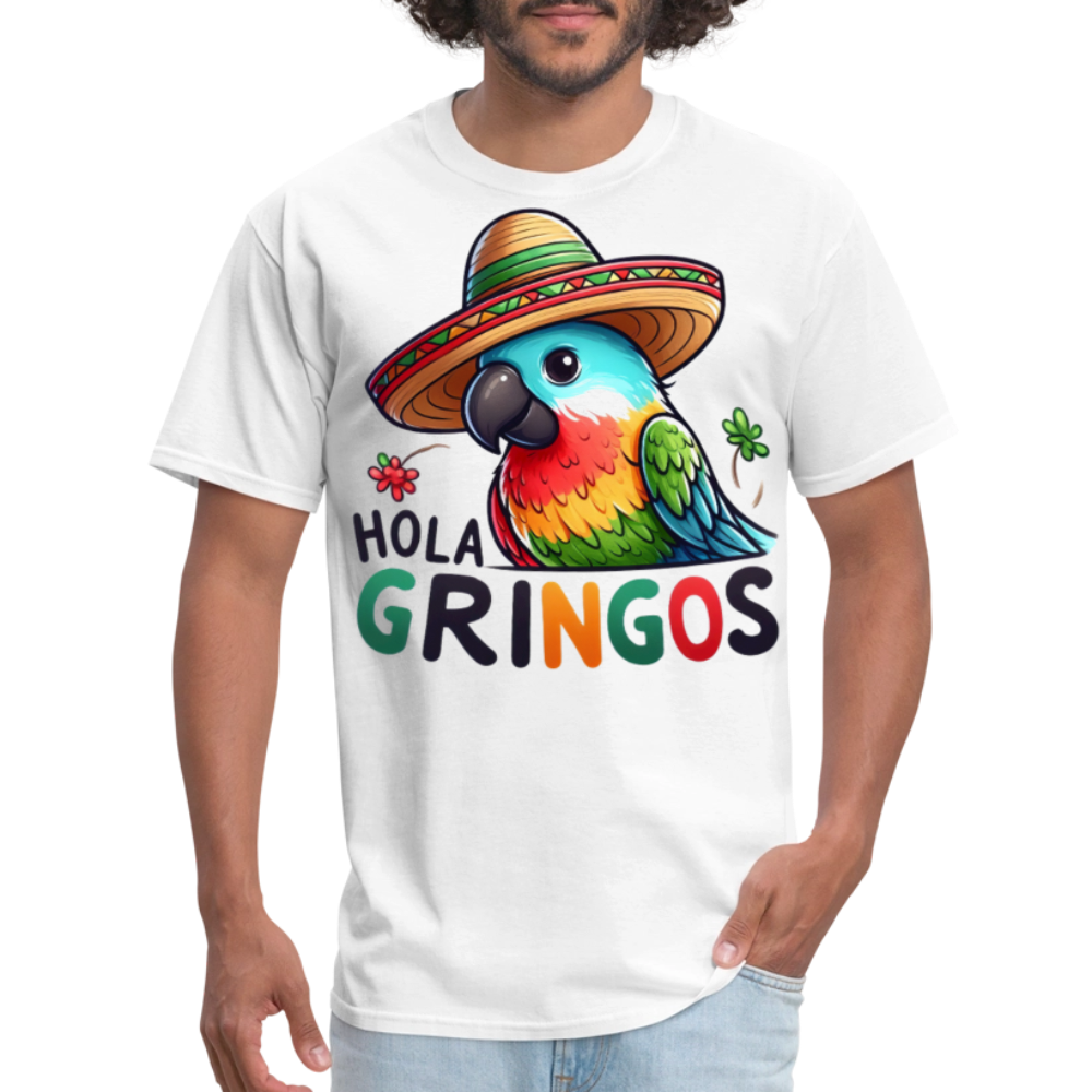 Hola Gringos Funny Bird Tee For Party Lovers Mexican Parrot T-shirt - white